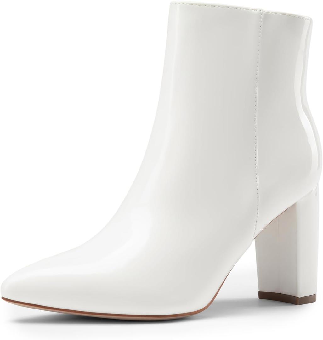 DREAM PAIRS Women's Chunky Heel Ankle Booties Pointed Toe Short Boots (9.5, White-pat)