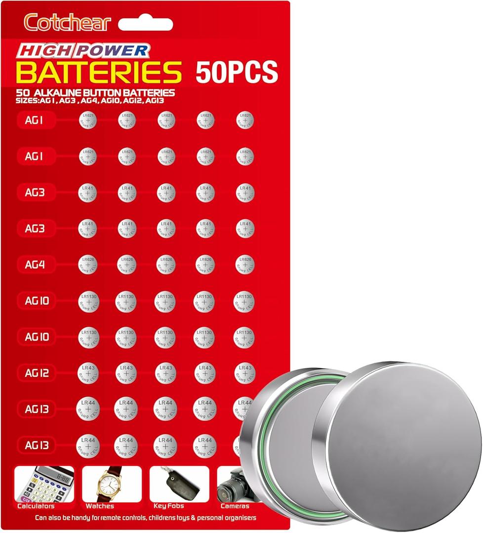 Cotchear 50pcs Alkaline Cell Batteries Assorted 1.5 Volt AG1/LR621 AG3/LR41 AG4/LR626 AG10/LR1130 AG12/LR43 AG13/LR44 Coin Batteries Set 0% Mercury