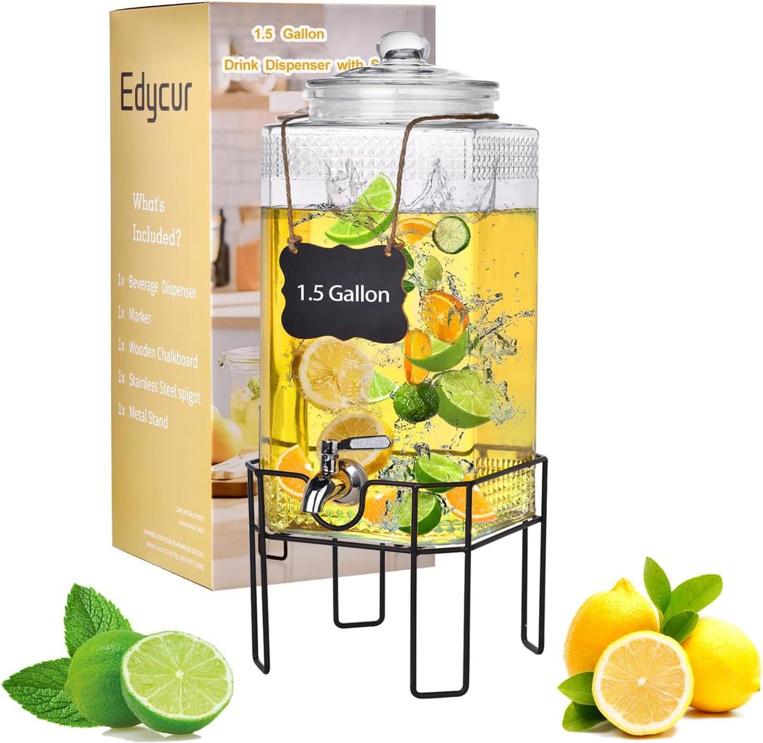 1.5 Gallon Glass Drink Dispenser, Drink Dispensers for Parties, Beverage Dispenser with Stand and Glass Lid, 100% Leakproof Spigot, Ideal for Lemonade, Juice, Iced Tea, Laundry Detergent Dispenser