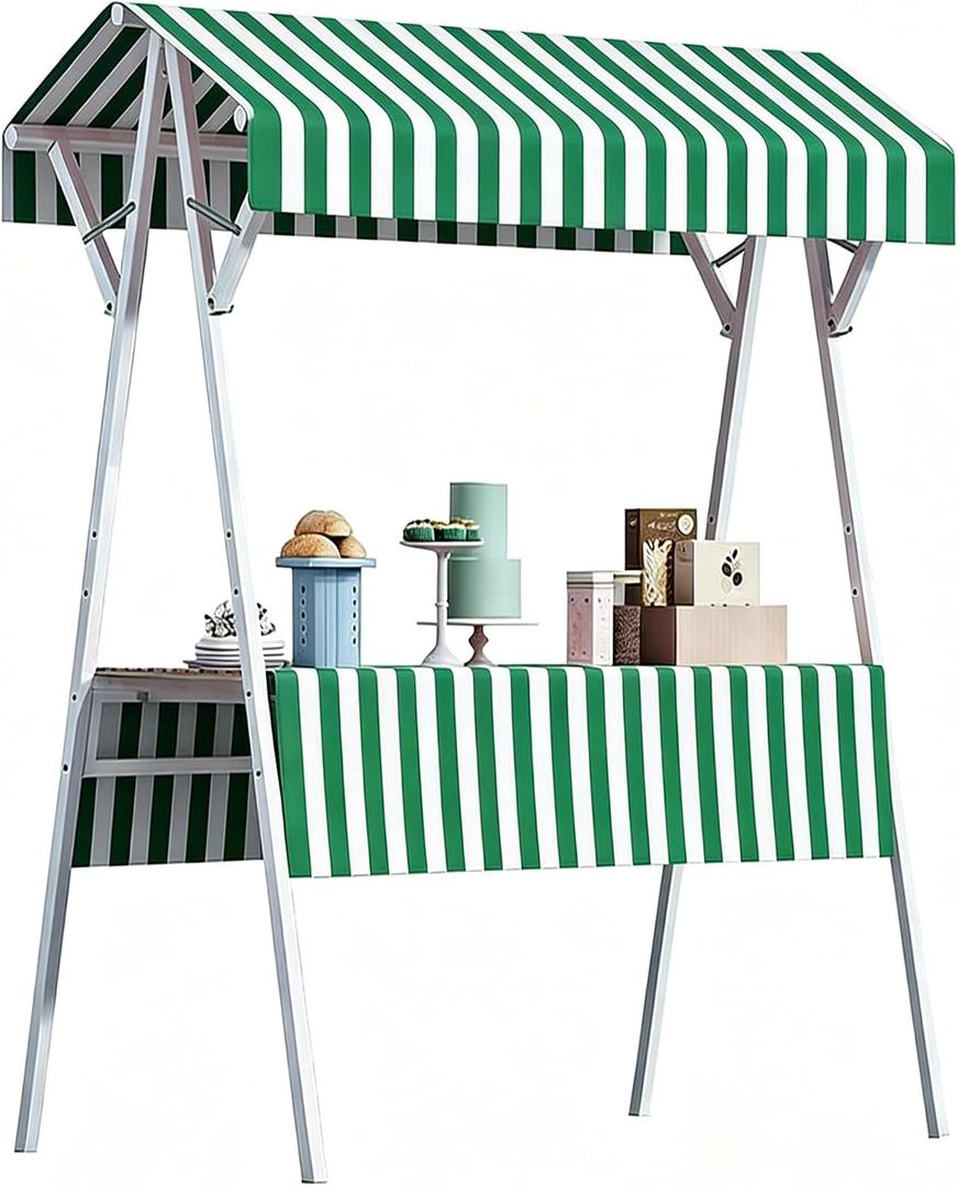 Outdoor Vendor Cart, 43.30in Foldable Metal Market Stall Display Stand with Canopy, Portable Multi-Purpose Floor Wagon for Retail Kiosks Events Festivals Farmers Markets Trade Shows, Green