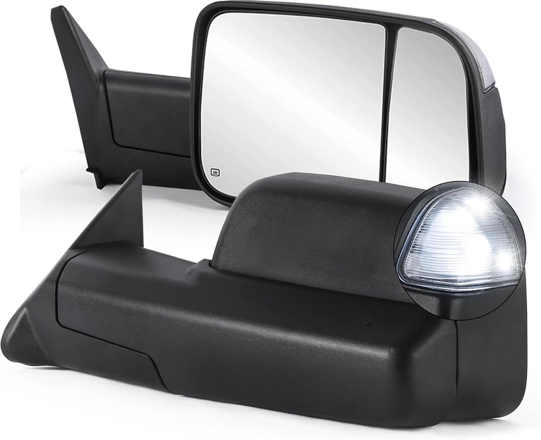 KUIPERAUTO Pair Black Power Heated Towing Mirrors Compatible for 1998-2001 Dodge Ram 1500/1998-2002 Dodge Ram 2500 3500 w/White DRL, Led Turn Light, Larger than standard