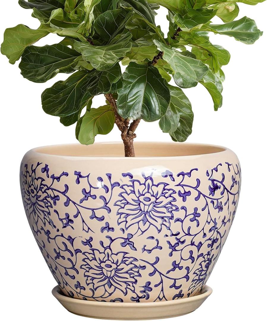 Ceramic Pots for Plants 10 Inch - Indoor Flower Pots with Drainage Hole and Tray, Decorative Pot for Indoor Outdoor Plants, Round Planters, Bathroom Decor, Gifts for Men Women, Retro Blue