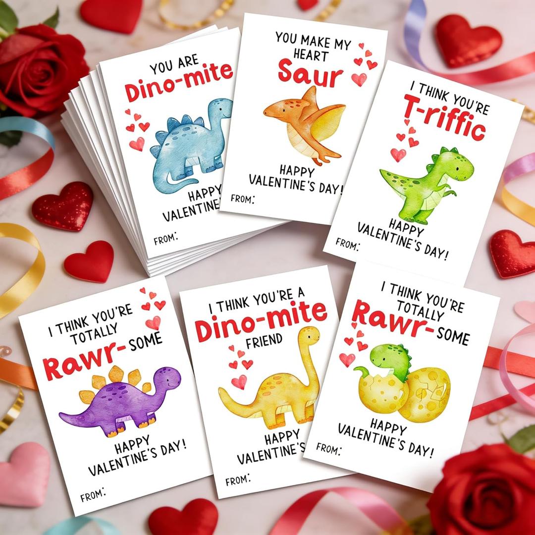 2 x Dinosaur Valentine's Day Cards for Kids, 24 Pack, 6 Designs, 3.5x5 Inch, Classroom Exchange Cards with Puns