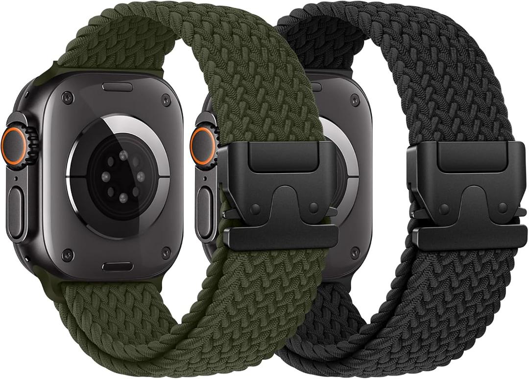 Braided Stretchy Solo Loop Compatible for Apple Watch Ultra 2 Band 49mm 46mm 45mm 44mm 42mm 41mm 40mm 38mm Men Women, Nylon Sport Bands with Parachute Buckle for iWatch Series 11 10 9 8 7 6 SE 5 4 3 (Black/Army Green)