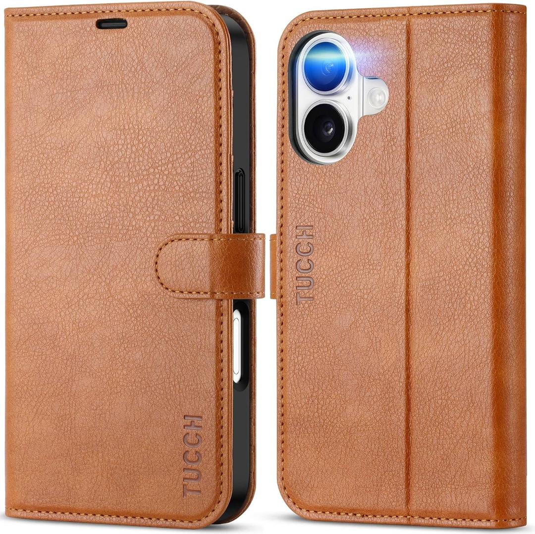 TUCCH Wallet Case for iPhone 17 (6.3") 2025, 4 Card Holders | RFID Blocking | Stand | PU Leather | Magnetic Closure | Protective Flip Folio Cover | Shockproof TPU Shell | Light Brown