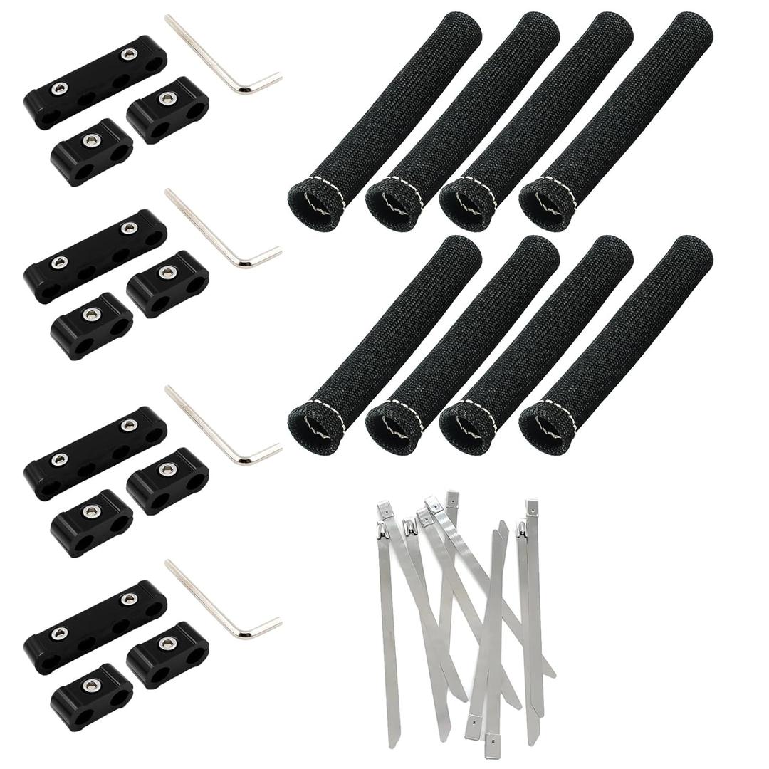 8pcs Spark Plug Heat Shield Protector and 12pcs Engine Spark Plug Wire Separator Insulating Fire Sleeve Spark Plug Wire Divider 8mm 9mm 10mm 12pcs+ 10Pcs Stainless Steel Wire Ties (Black combo pack)