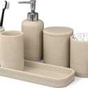 LIN CHUAN 6-Piece Bathroom Accessories Set, Bathroom Accessory Set with Soap Dispenser, Toothbrush Holder Set, Vanity Tray, Tumbler & 2 Cotton Swab Jars, Modern Stylish Bathroom Organizer(Beige)