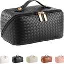 Large Capacity Travel Cosmetic Bag - Portable Makeup Bags for Women Waterproof PU Leather Checkered Makeup Organizer Bag with Dividers and Handle, Toiletry Bag for Cosmetics (Medium, Black woven)