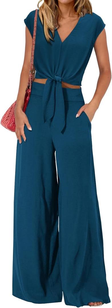 PRETTYGARDEN Women's Summer 2 Piece Outfits 2025 Cap Sleeve V Neck Belted Crop Tops Wide Leg Pant Sets Casual Tracksuit (Medium)