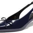 Coutgo Womens Slingback Kitten Low Heels Dress Shoes Closed Pointed Toe Bow Tie Slip on Office Work Pumps (8, Navy)