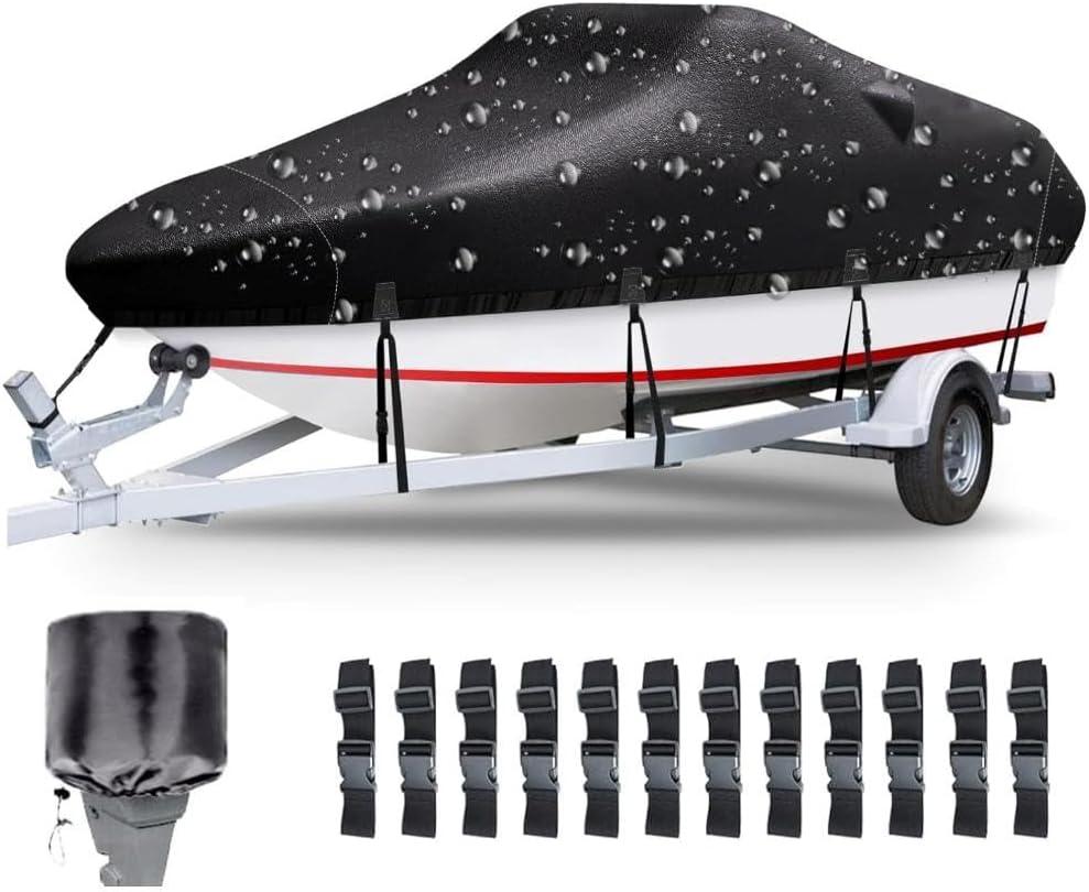 Boat Covers 16-18.5ft, Heavy Duty 800D PU Waterproof Trailerable Marine Grade Polyester Canvas, UV Resistant Bass Boat Covers, Fits V-Hull Tri-Hull Fish&Ski Boat, Runabout with Tightening Strap