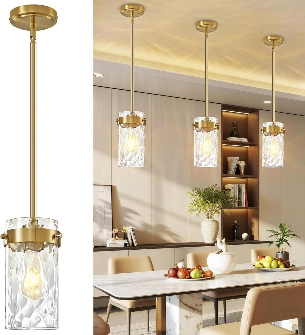 4.72" Hammered Glass Pendant Lighting for Kitchen Island 1 Pack, Modern Brushed Gold Pendant Light Fixtures, Adjustable Ceiling Pendant Light for Kitchen Island Dining Room Bedroom Hallway