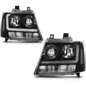 PIT66 LED Headlight Assembly Compatible with 2007-2014 Chevy Tahoe Suburban/Fit 2007-2013 Avalanche Corner Halogen Headlamp Replacement Black Housing Amber Corner