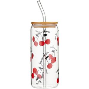 Creative Brands Bella Mon Cheri Red Cherry Pattern 20 ounce Glass Bamboo Drinking Smoothing Travel Tumbler with Straw