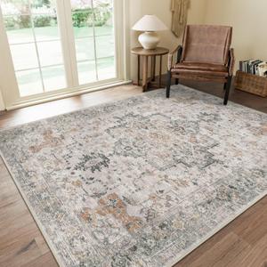 GENIMO 6x9 Area Rugs for Living Room, Machine Washable Low Pile Rugs, Chenille Non Alip Vintage Rug for Bedroom, Dining Room, Home Office, Light Taupe Brown