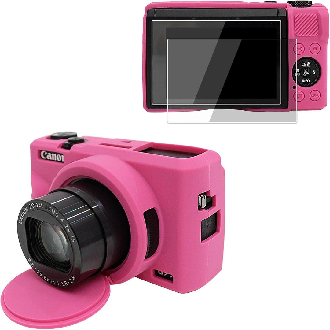 VOVMOEYA Camera Case for Canon Powershot G7 X Mark III with 2PCS Screen Protector,Full Pritection Soft G7X III Silicone Case Detachable Lens Cover Protective Cover for Canon G7XIII G7X3-Dark pink