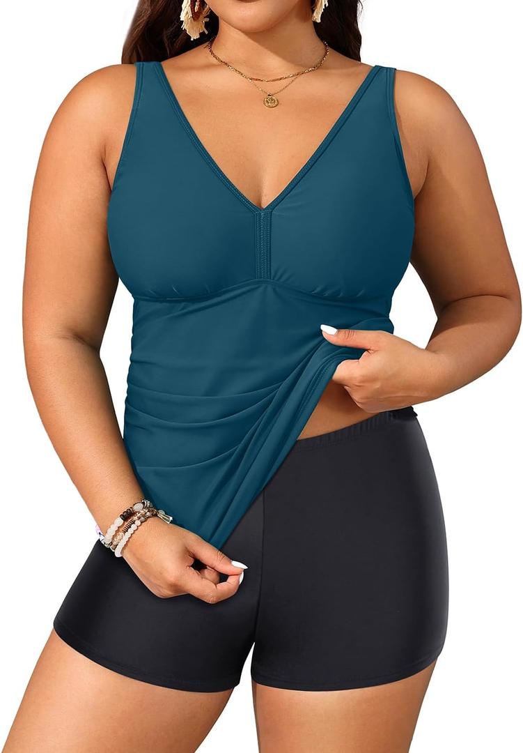 Yonique Women's Plus Size Swimsuits with Shorts Tummy Control Tankini Two Piece Bathing Suits Athletic Swimwear (Malachite Green, Size 22)
