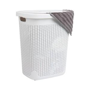 Mind Reader Slim Laundry Hamper with Lid, 50L Clothes Basket, Premium Wicker Design, Plastic, White