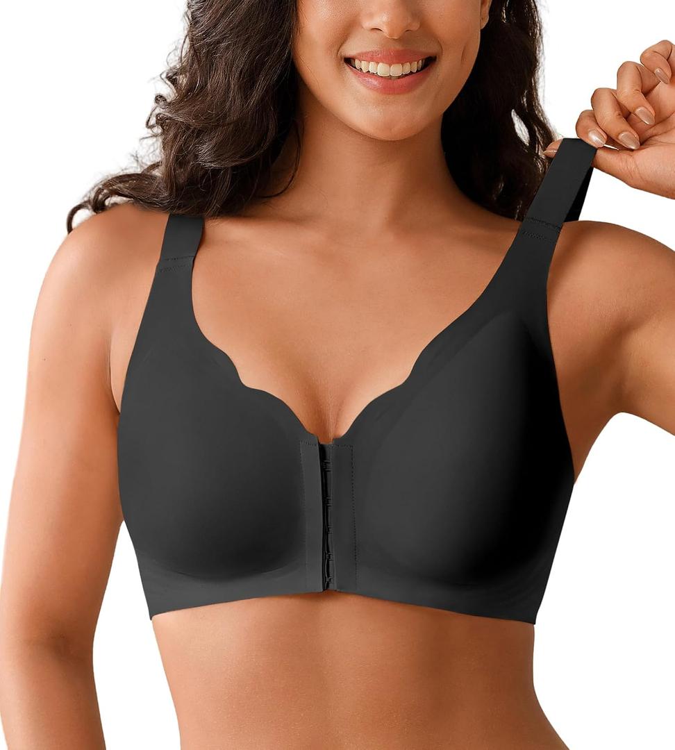 Posture Bras for Women Front Closure Push Up Bra No Underwire Back Support Bra (Black, XL)