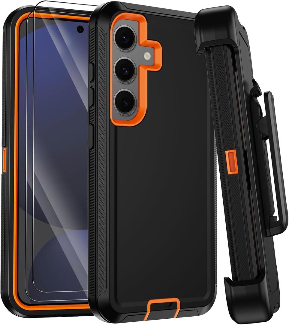 for Samsung Galaxy S24 FE Case with Belt Clip Holster,[2 Screen Protector & Kickstand] Heavy Duty Rugged 3-Layer Military Grade Drop Protection Case,Shockproof Protective Phone Cover (Black/Orange)