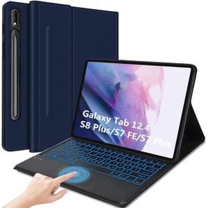 Keyboard Case for Galaxy Tab S8 Plus 12.4"- Smart Trackpad - 7 Colors Backlight- Magnetic Detachable Keyboard with S Pen Holder- Protective Stand Cover for Tab S7 FE 2021 & S8 Plus 2022 - Drak Blue