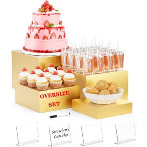 Metal Buffet Risers,4PCS OVERSIZED Food Risers for Buffet Table 8''X9''10''X11'' Display Stand with Mini Acrylic Signs for Catering Dessert Collectibles Jewelry Figures Show Gold Cube Boxes Nesting Risers with Hollow Bottoms