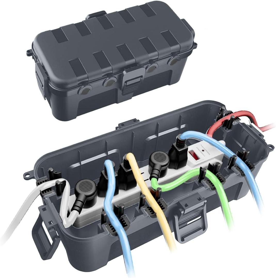 QUOBAS 2 Pack Outdoor Waterproof Electrical Box with 6 Cable Ports, IP54 Weatherproof Heavy-Duty Extension Cord Cover for Power Strips, Garden Power Tools, Holiday Lights, Gray