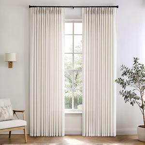 Natural Memory Trained Pinch Pleated Curtains, Thick Linen Blend Light Filtering Sheer Curtains 84 Inches Long, Viral Linen Textured Pleated Curtain with Hooks&Clips, Triple Pleat Memory Shape Curtain