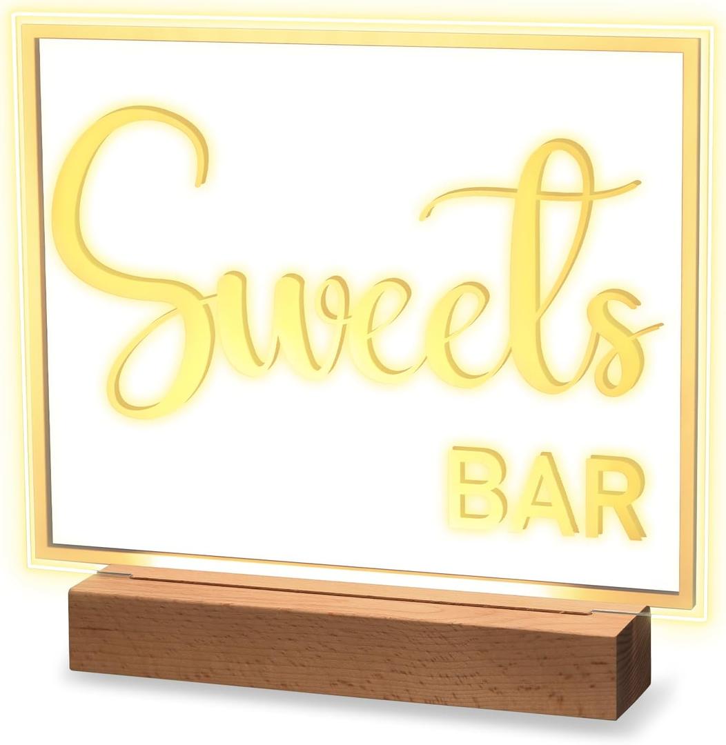 Hoolerry LED Acrylic Bar Table Sign 8" x 10" Neon Acrylic Table Centerpiece, Snack Candy Bar Centerpiece with Stand White Text for Dessert Flower Room Decor(Sweets)