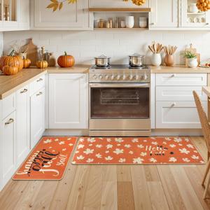 LEEVAN Orange Fall Kitchen Rugs Set of 2,Maple Leaves Farmhouse Kitchen Mats for Floor,Non Slip Washable Halloween Autumn Rugs for Kitchen Floor Fall Decor Laundry Office Sink Desk (17''x29''+17''x47'')