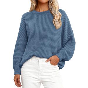 PRETTYGARDEN Fall Sweaters for Women 2025 Fashion Long Sleeve Casual Ribbed Knit Winter Clothes Pullover Jumper Tops (Grey Blue, Medium)