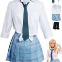 Deboyar Anime Costume Women Japanese Cosplay Uniform Shirt Skirt Tie Socks Accessories Devil Outfit Suit (Blue, Medium)