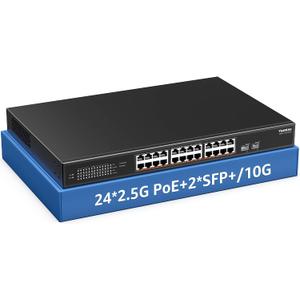 YuanLey 26 Port 2.5G PoE Switch Unmanaged, 24 x 2.5G Base-T PoE Ports, 2 x 10G SFP+, IEEE802.3af/at, 400W, Compatible with 100/1000/2500Mbps, Metal Case, Desktop/Rack Mount 2.5Gbe Network Switch