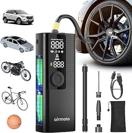 Airauto Tire Inflator Portable Air Compressor - Air Pump For Car Tires with Digital Pressure Gauge, LED Light and Auto Shut-Off Function - Cordless Pump for Car, Motorcycle, Bicycle, Balls and More