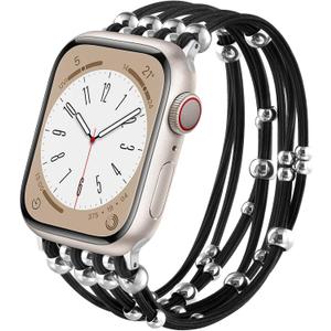 VISOOM Beaded Boho Bracelet Compatible for Apple Watch bands 38/40/41/42mm Women - Stretchy iWatch Band Women for Apple Watch Series 11/10/SE/9/8/7/6/5/4/3/2/1, DIY Beaded Apple Watch Band(6-6.5") (Black/Silver)