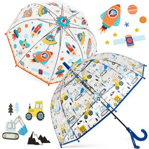 Fabbay 2 Pcs Kids Clear Bubble Umbrella with Easy Grip Curved Handle Transparent Bubble Umbrella for Toddler Girls