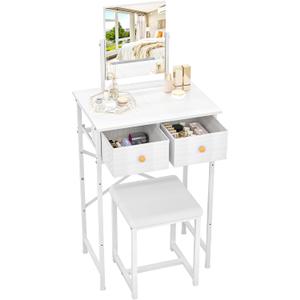 X-cosrack Small Makeup Vanity Desk with Mirror & Chair, Mini Vanity Desk Table Set with Fabric Storage Drawer, 19.7" Compact Vanity Desk for Kids, Girls, Dressing Table with Chair for Bedroom, White