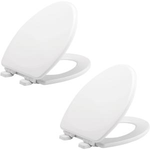 Mayfair Linden Slow Close Toilet Seat, Non Slip Heavy Duty Wood, Easy Install, Made in USA, Elongated, White, 2 Pack