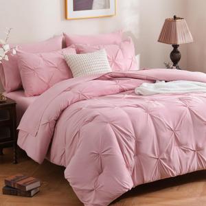 DOWNCOOL 7 Pieces Pink Full Size Comforter Sets, Pintuck Pinch Pleat Bed in a Bag, Soft Microfiber All Season Bedding Set for Bedroom with Sheets, Pillowcases & Shams