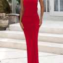 PRETTYGARDEN Women's Summer Wedding Guest Dresses 2025 Sleeveless Ruched Bodycon Fitted Maxi Long Cocktail Dress with Slit (Red)