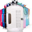 Gallon Big Water Bottle with Handle, 128oz Leakproof BPA Free Fitness Sports Water Bottle with Motivational Time Marker & Wide Mouth Ensure You Drink More Water (135.3 Ounces, WHITE)