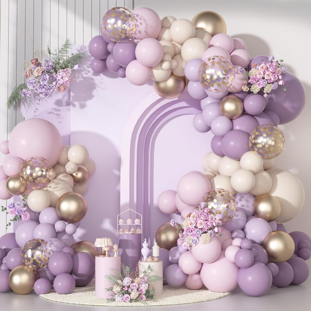 Ouddy Party Dusty Purple Balloon Arch Garland Kit, Different Sizes 18 12 10 5Inch Purple Pink Lavender Sand Rose Gold Metal Confetti Balloon for Bridal Baby Shower Wedding Birthday Party Decoration