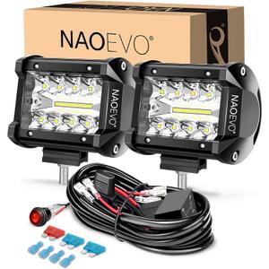 NAOEVO 4 Inch LED Pod Lights, Spot Flood LED Fog/Driving/Off Road Lights with 2 Leads Wiring Harness, Cube Pods for Truck Boat ATV UTV, 2 Pcs (White)