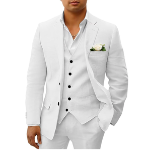 Wehilion Mens Linen Suits 3 Piece Beach Wedding Groomsmen Suits Casual Summer Linen Blazer Vest and Pants Tuxedo Set L