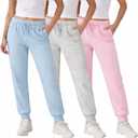 Common Stitch 3 Pack Fleece Joggers for Women — Deep Pockets, Slim Fit, Elastic Drawstring Waist, Medium, Light Pink / Lt. Heather Grey / Light Blue