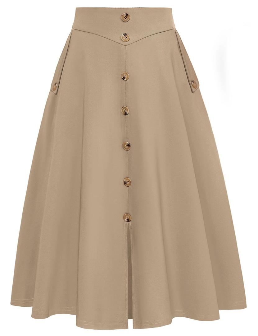 A Line Midi Skirt Casual Pleated Skirts Summer Skirts for Women 2024 Vintage High Waisted Skirt Khaki S (Beige, S)