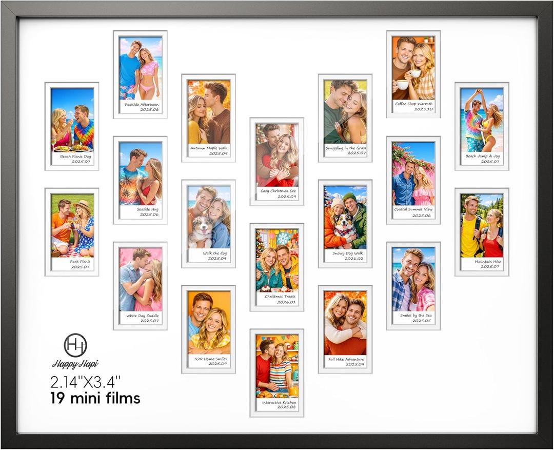 HappyHapi 16x20 Picture Frames Collage Wall Decor for Instax Mini Film, Displays 19Pcs 2.13x3.4 Instant Photos with Mat or 1Pcs 16x20 Picture without Mat for Wall Mounting, 1 Black Heart-shaped Frame