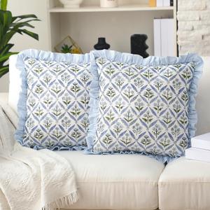 2 PCS Block Print Pillow Covers - Ruffle Modern Farmhouse Floral Throw Pillow Covers Cotton for Couch Sofa Bed Home Decor (Blue,20 x 20 Inches)