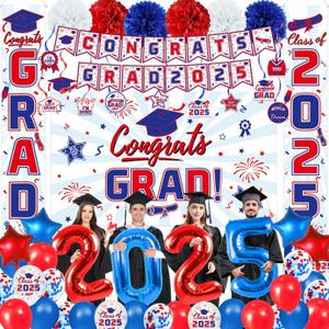 Graduation Decorations 2025 - Red and Blue Graduation Party Supplies Congrats Grad Backdrop & Banner, Hanging Swirls, Porch Sign, Balloons, Foil Number 2025 for High School & College Celebrations