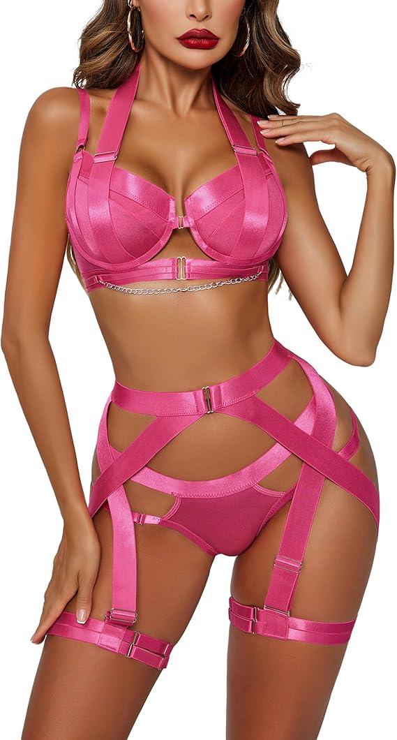 Avidlove Lingerie Set for Women Sexy Strappy Lingerie Underwire Push Up Bra Garter Set Lingerie with Chain L